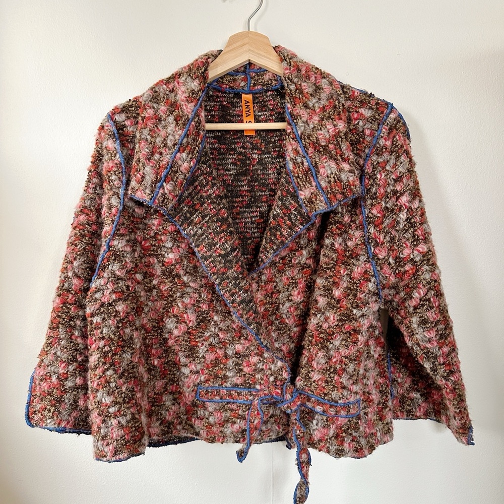 Anya SF Artisan Bouclé Knit Jacket Sweater Tie Front Textured